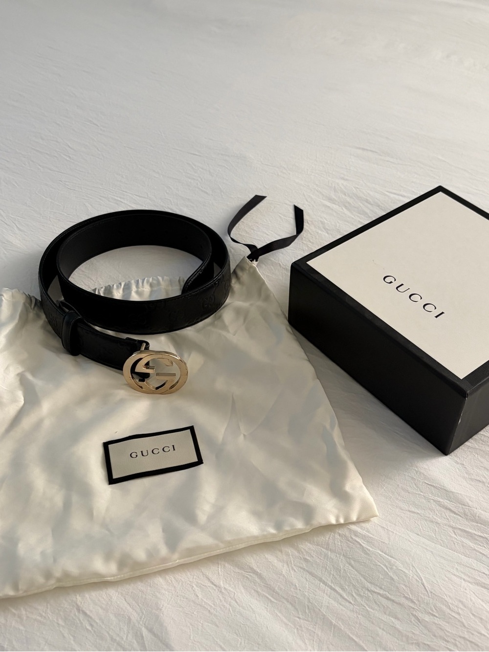 Gucci Black Embossed GG Leather Belt with Gold Double G Buckle - Picture 3 of 5